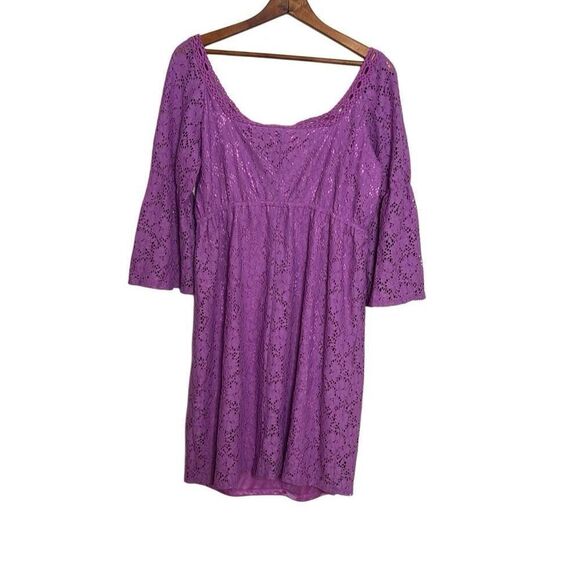 Laundry By Shelli Segal Lace Bell Sleeve Tie Waist Mini Dress  Purple Large - Picture 9 of 9